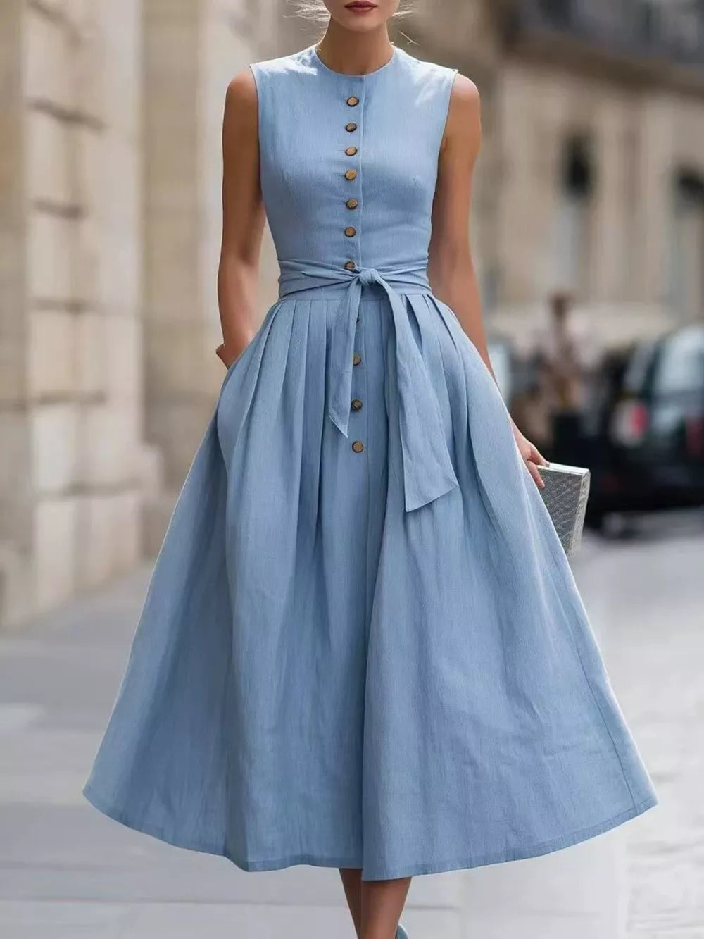 Sleeveless Button-front Belted Midi Dress Plus Size, front view