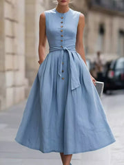 Sleeveless Button-front Belted Midi Dress Plus Size, front view