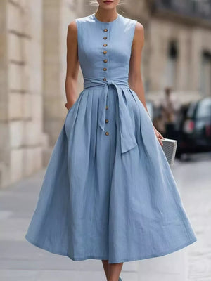 Sleeveless Button-front Belted Midi Dress Plus Size, front view