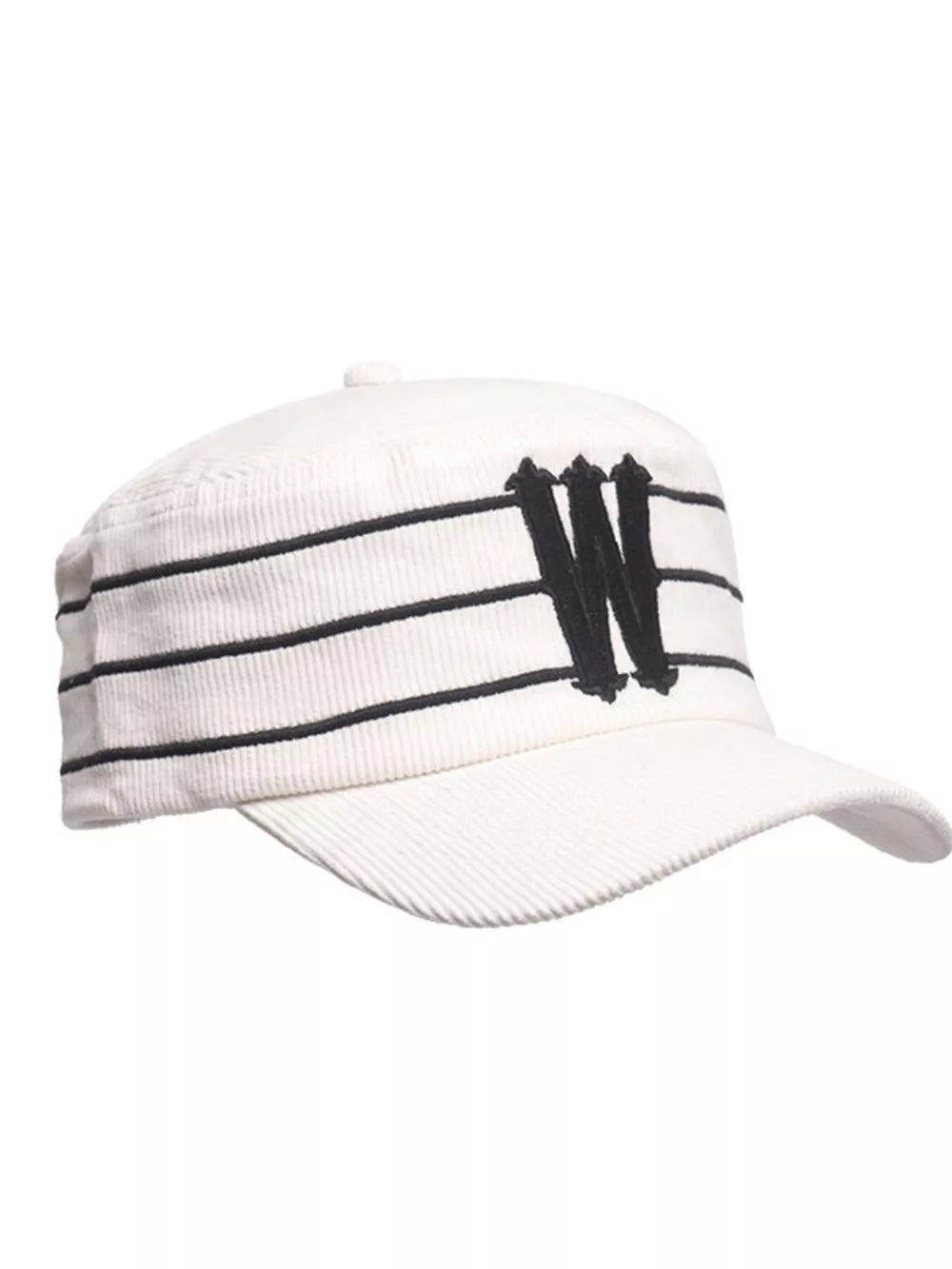 White cotton baseball cap with black stripes and embroidered 'w