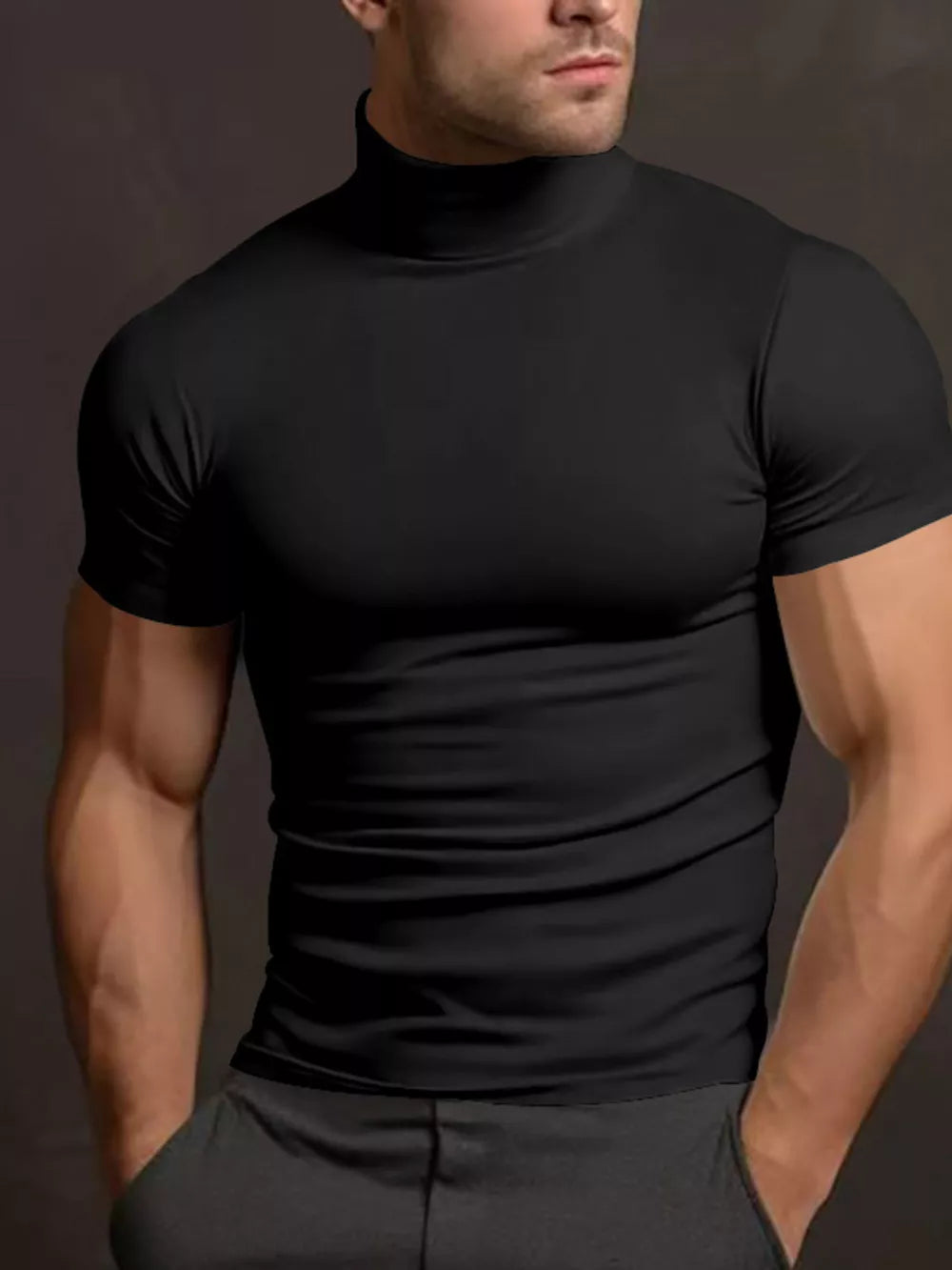 Men's Plus Size Short Sleeve Turtleneck T-shirt in Tan, side view