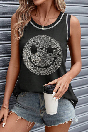 Black rhinestone smiley face tank top with contrast trim.