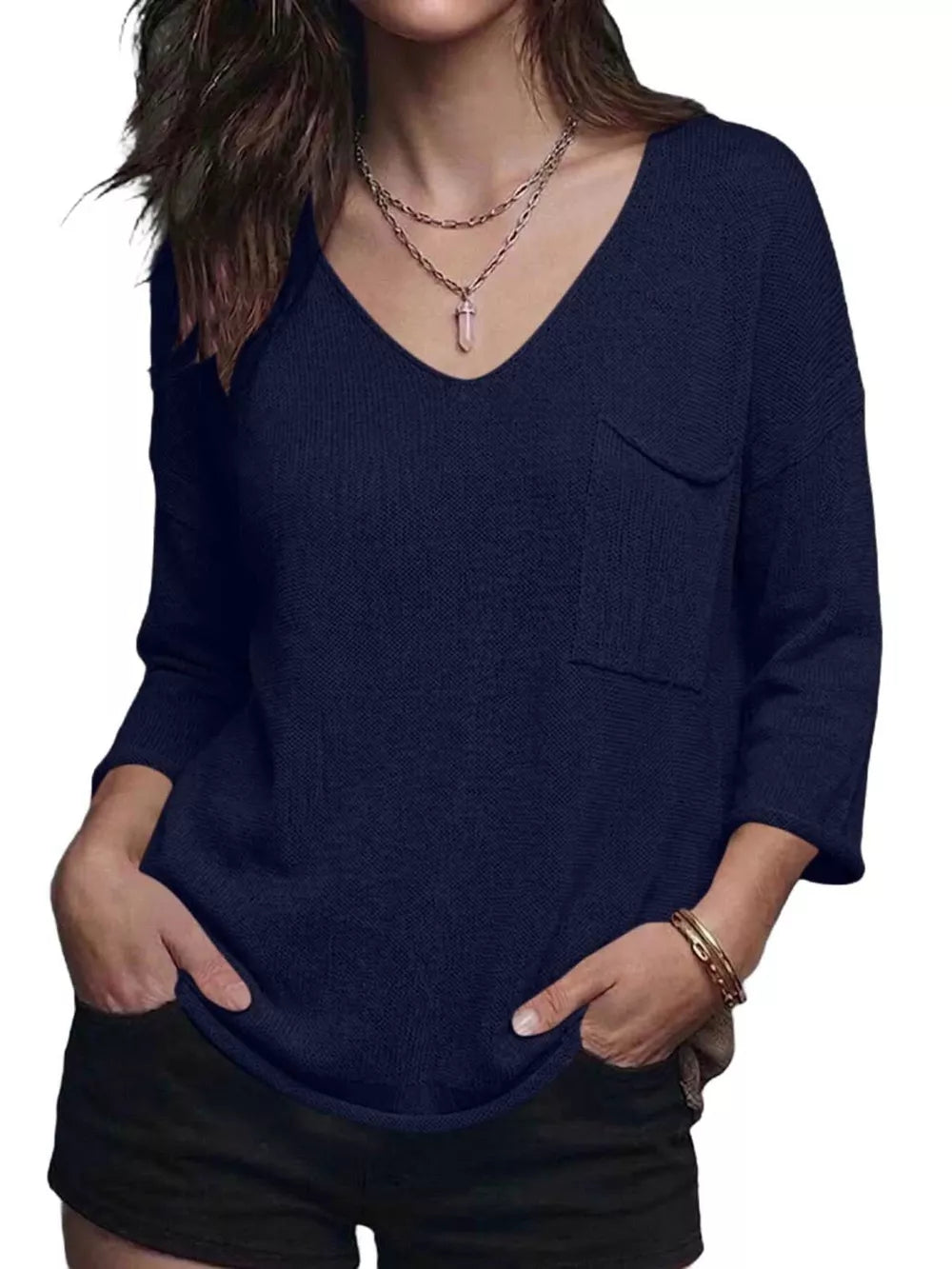 V-neck Chest Pocket Knit Top in Black, editorial view