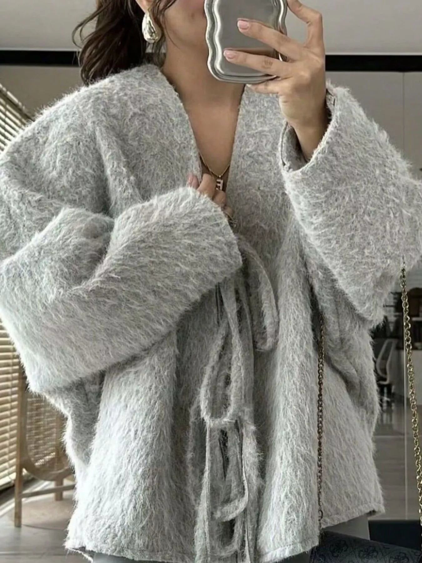 Textured knit tie-front cardigan in Silver Gray with fuzzy material and wide sleeves.