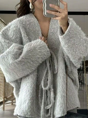 Textured knit tie-front cardigan in Silver Gray with fuzzy material and wide sleeves.