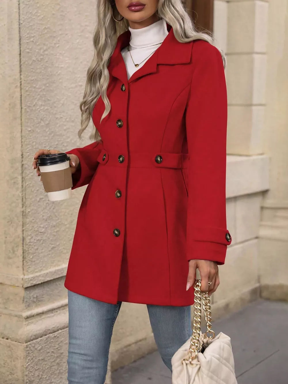 Scarlet button-up trench coat with cinched waist and button details.