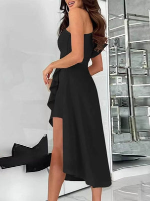 Black asymmetrical ruffle dress with a high-low hem and one-shoulder neckline.