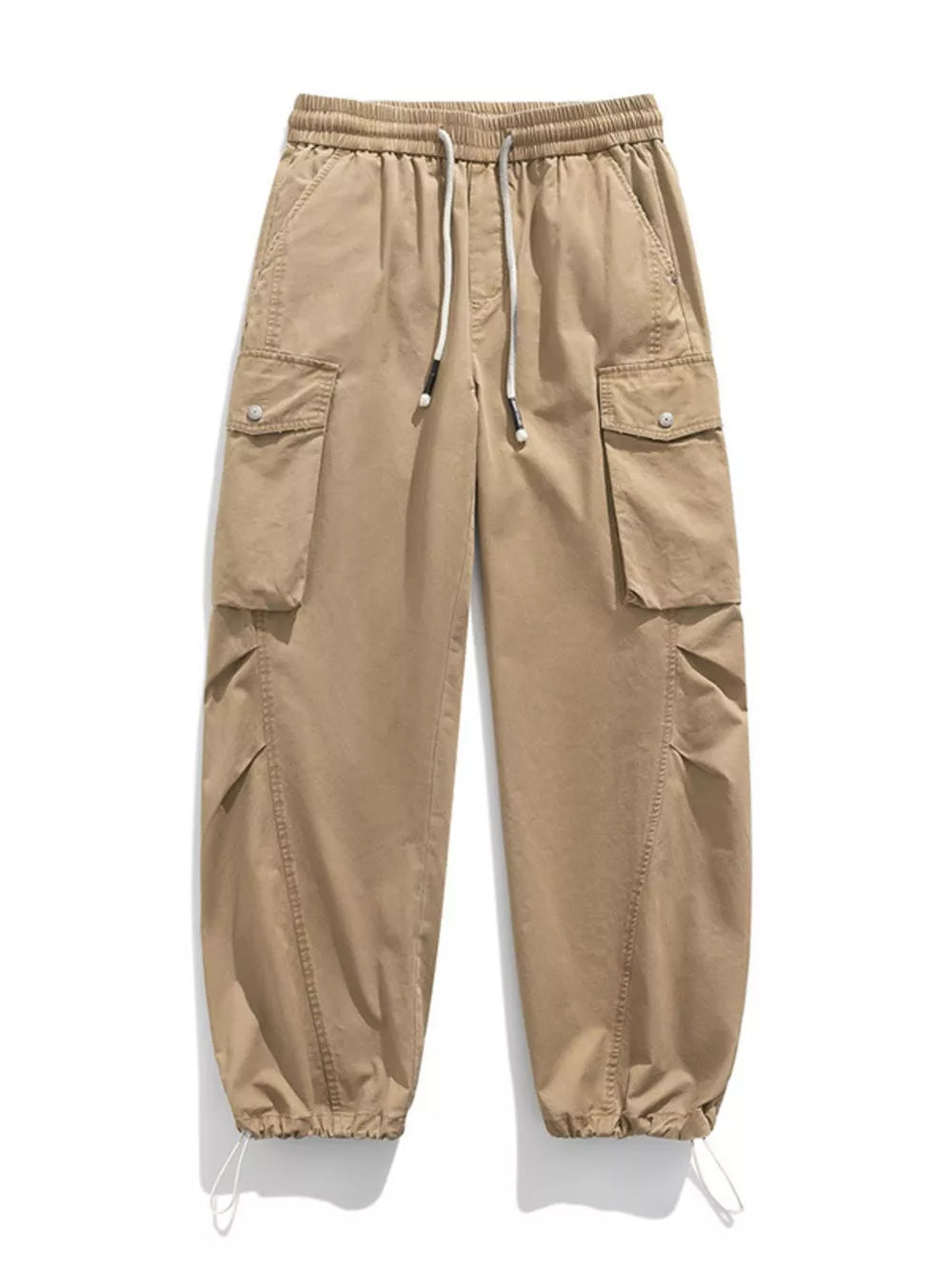 Khaki cargo pants with drawstring waist and adjustable cuffs.