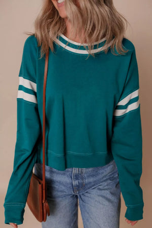 Contrast Striped Patchwork Sweatshirt in French Blue, front view