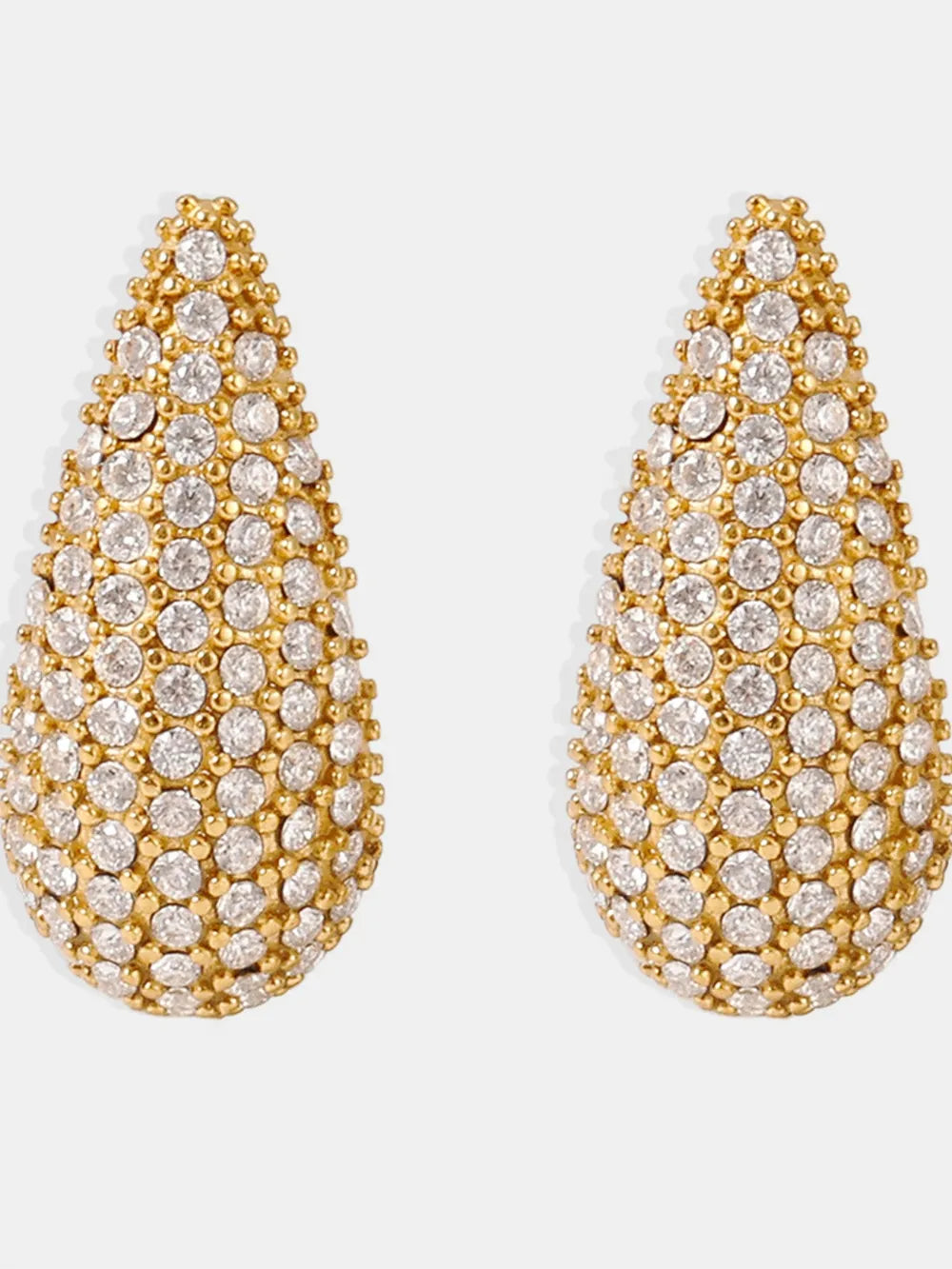 Gold teardrop stud earrings with pavé-set clear crystals and beaded accents.