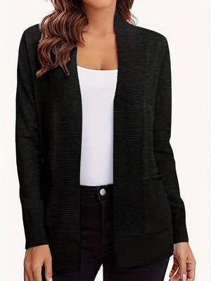Black textured knit open-front cardigan with pockets and a draped collar.