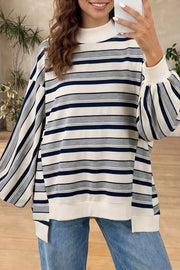 Striped Ribbed Stand Neck Sweatshirt in Stripe, front view