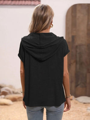 Black relaxed fit short sleeve hoodie with rolled cuffs and hood.