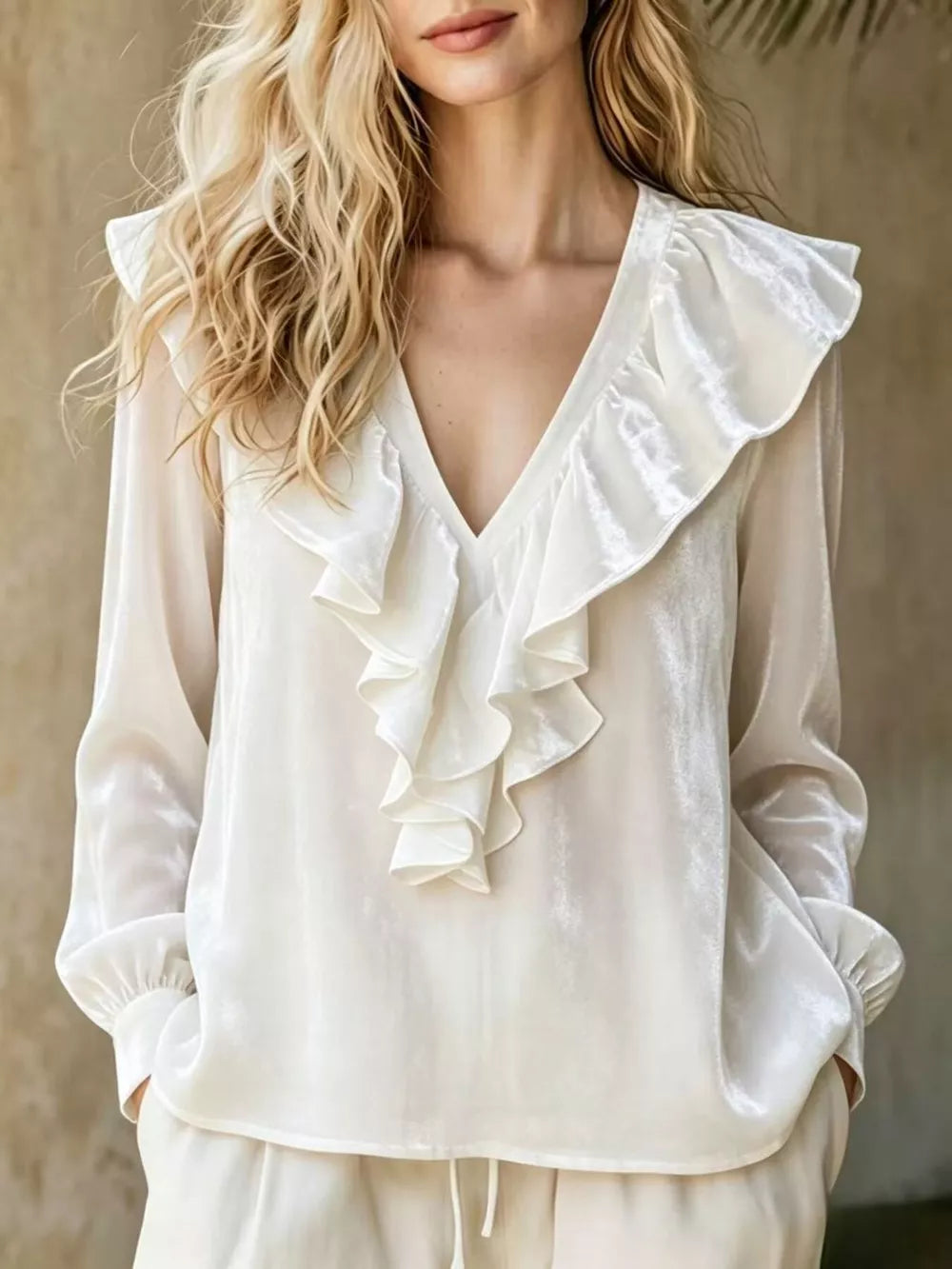 Full Size Ruffled V-neck Long Sleeve Blouse, fit detail