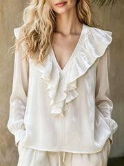 Full Size Ruffled V-neck Long Sleeve Blouse, fit detail
