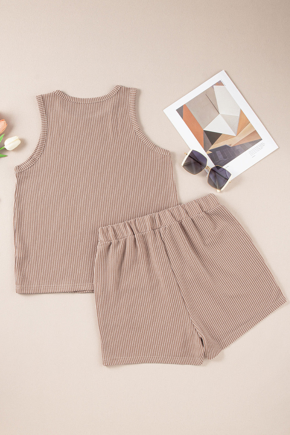Tan ribbed knit tank top and shorts set with vertical pinstripe texture.