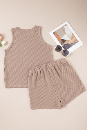 Tan ribbed knit tank top and shorts set with vertical pinstripe texture.