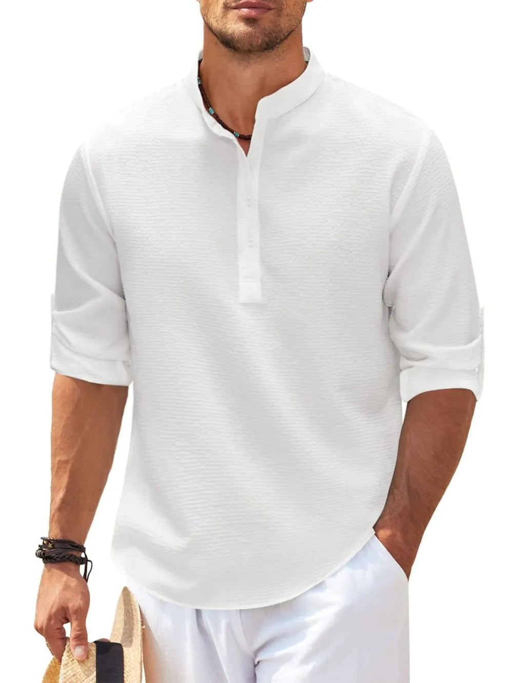 Textured Henley collar shirt in Ivory with roll-up sleeves and button detail.