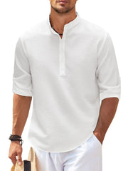 Textured Henley collar shirt in Ivory with roll-up sleeves and button detail.
