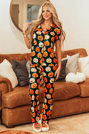 Pumpkin Patch Pajama Set with short sleeves and button-up top, featuring an all-over pumpkin print.