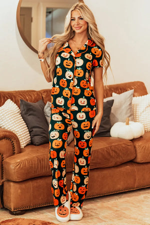 Pumpkin Patch Pajama Set with short sleeves and button-up top, featuring an all-over pumpkin print.