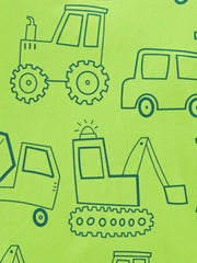 Toddler crew neck tee in lime green with a dark blue all-over construction vehicle outline print.