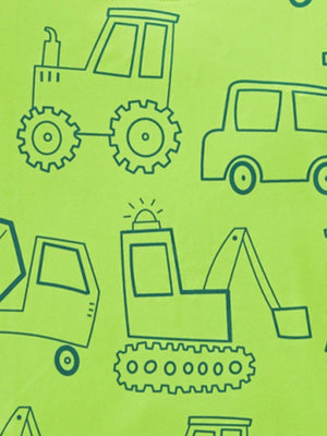 Toddler crew neck tee in lime green with a dark blue all-over construction vehicle outline print.