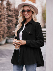 Black corduroy peplum shirt jacket with button front and chest pockets