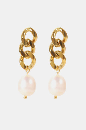 Gold chunky chain drop earrings with pearl accents