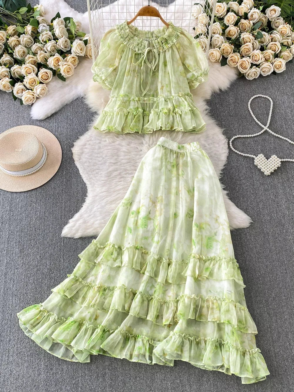 Light green floral ruffle set with bow detail top and tiered skirt