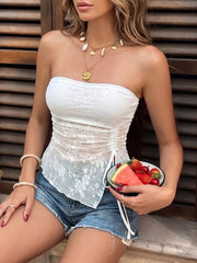 White floral lace tube top with ruched drawstring sides and a sheer overlay.