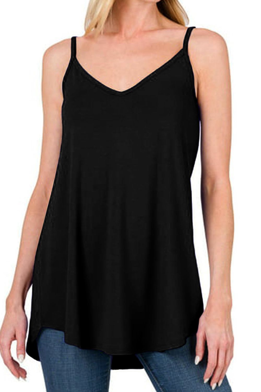 Black cami with spaghetti straps and curved hemline