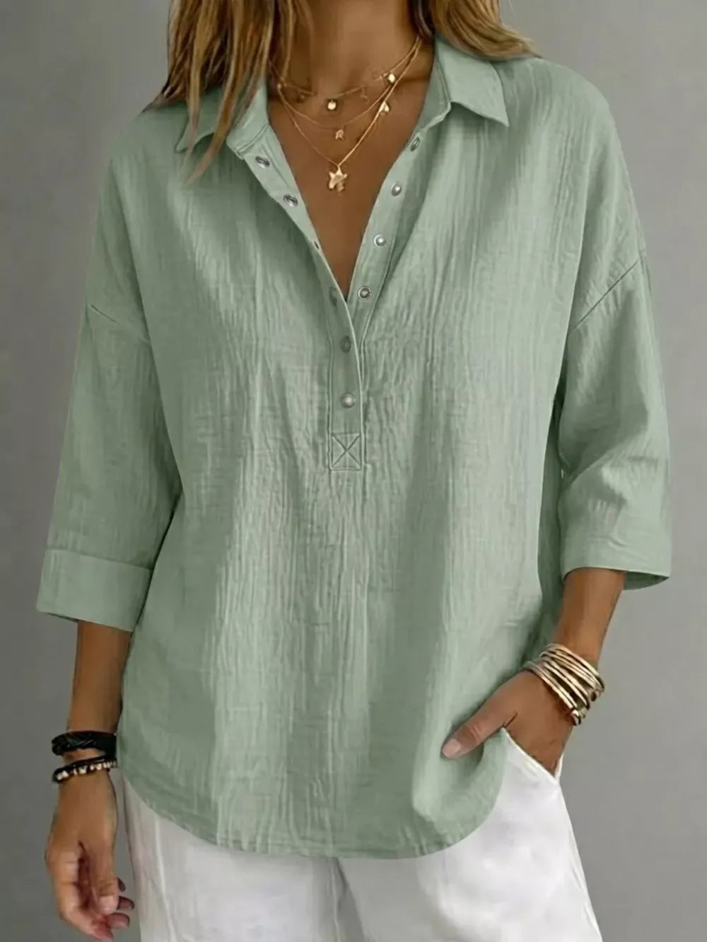 Full Size Snap Down 3/4 Sleeve Blouse Plus Size, model styling view