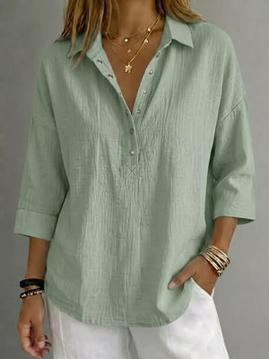 Full Size Snap Down 3/4 Sleeve Blouse Plus Size, model styling view