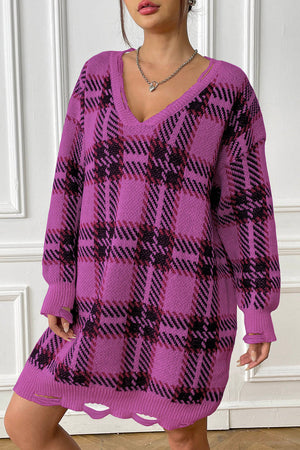 Fuchsia plaid knit mini dress with distressed hem and v-neck.