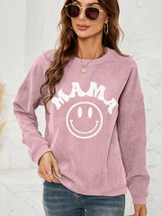 Dusty Pink corduroy sweatshirt with white "Mama" smiley graphic.