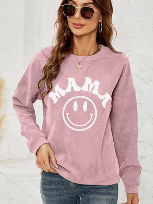 Dusty Pink corduroy sweatshirt with white "Mama" smiley graphic.