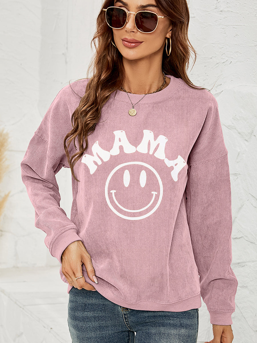 Dusty Pink corduroy sweatshirt with white "Mama" smiley graphic.