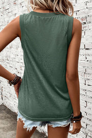 Sage green textured sleeveless V-neck tank top with ribbed neckline and armholes.