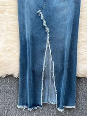 Blue denim maxi dress with frayed hem and cutout detail