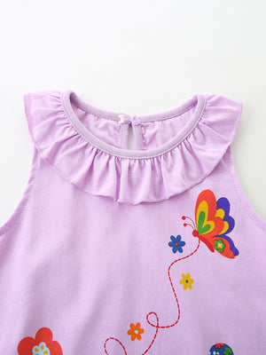 Lavender cotton baby dress with ruffle collar and butterfly print