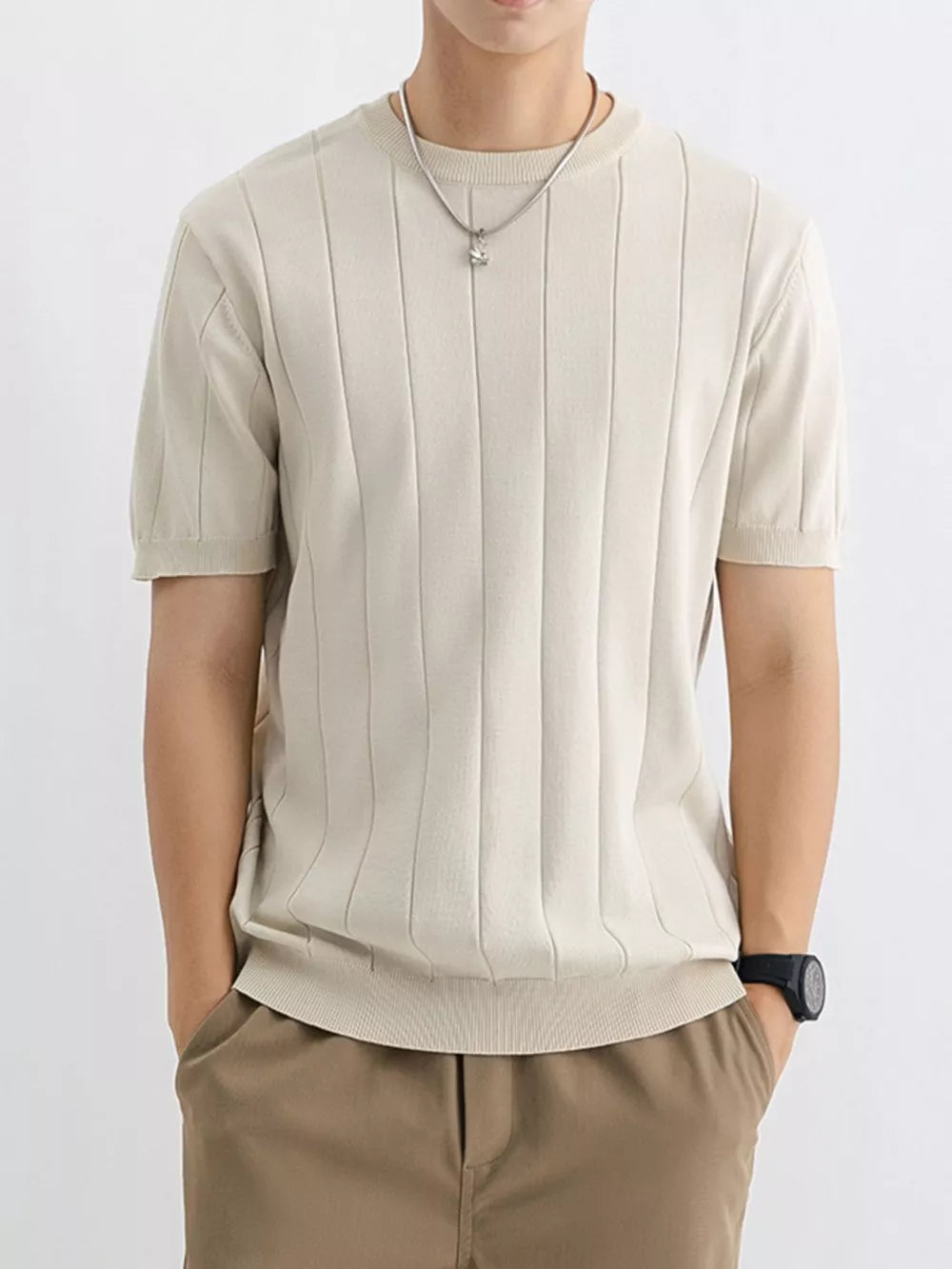 Men's Apricot ribbed crew neck tee, short sleeve, lightweight cotton blend.