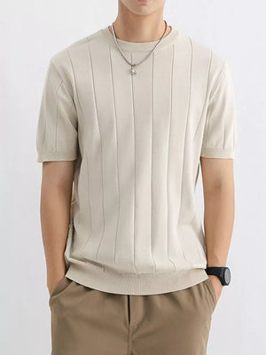 Men's Apricot ribbed crew neck tee, short sleeve, lightweight cotton blend.