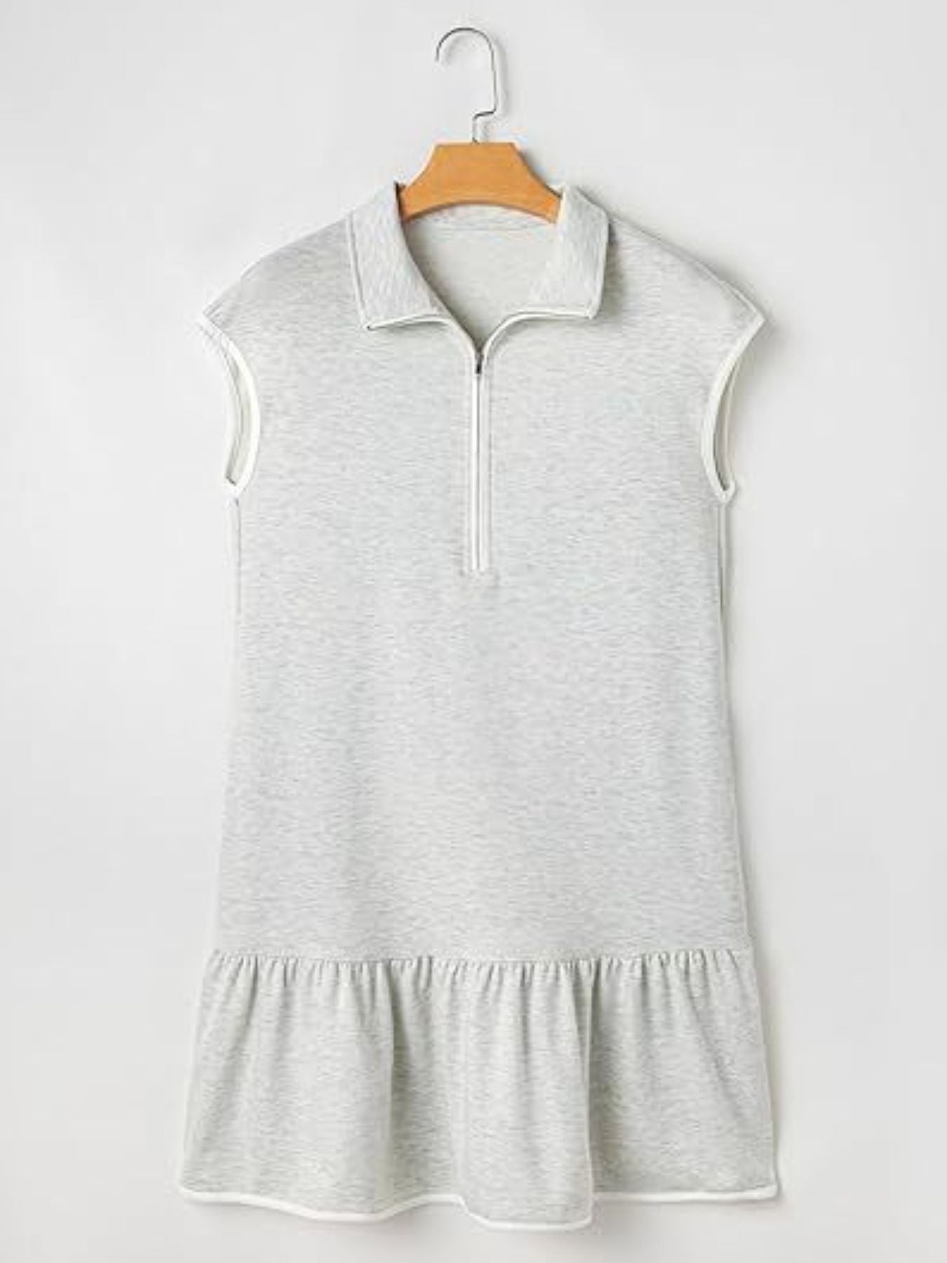 Light gray zip front cap sleeve dress with ruffled hem