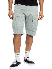 Light gray cargo shorts for men with multiple pockets.