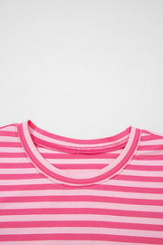 Pink striped cotton crew neck top with button detail