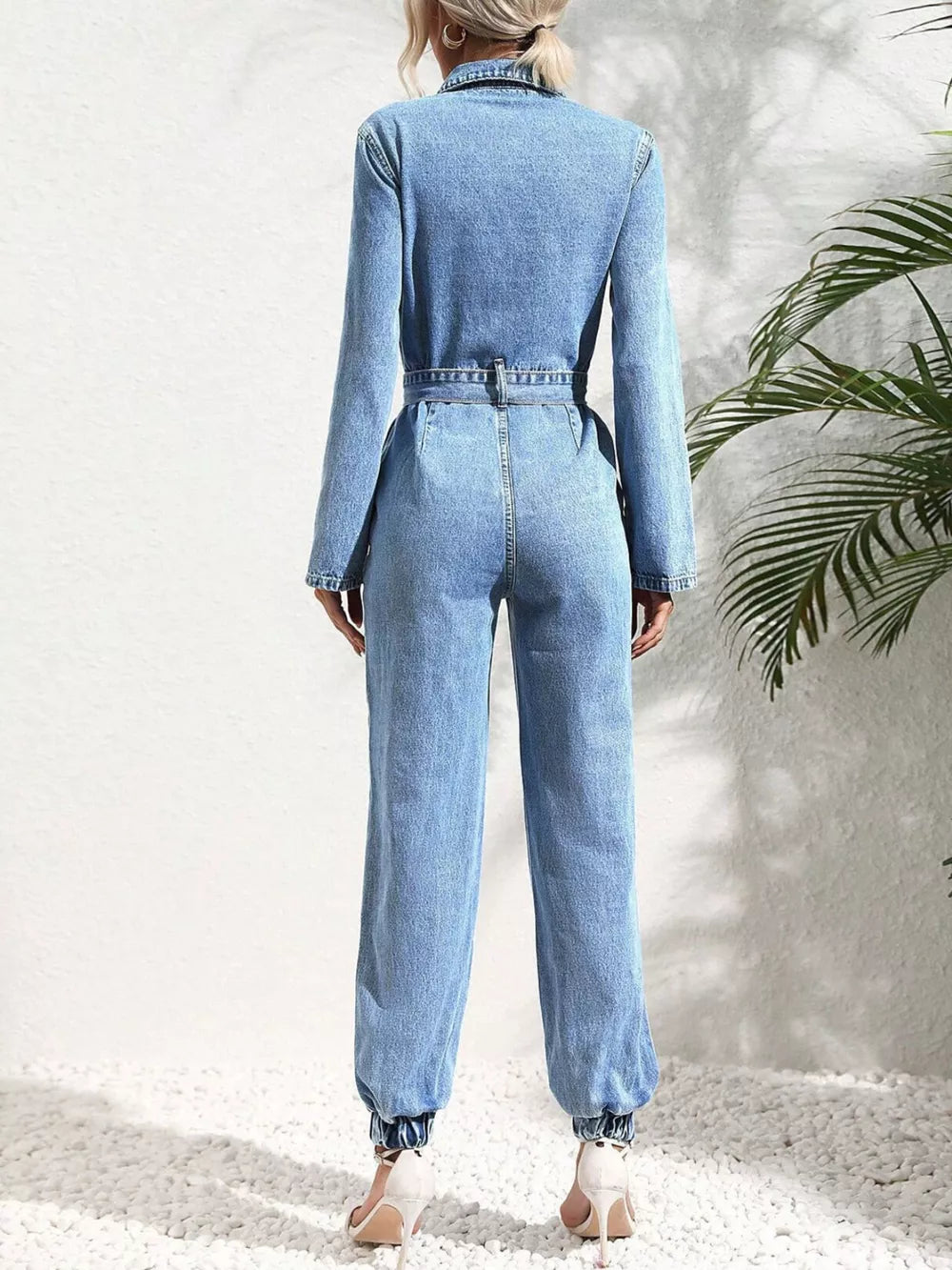 Button Front Belt Denim Jumpsuit, fabric detail