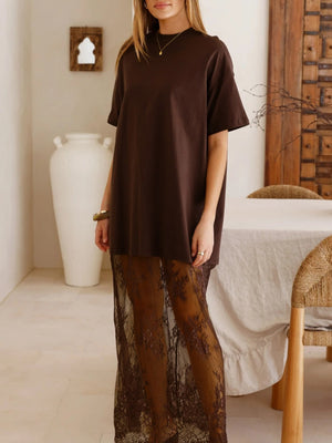 Dark brown t-shirt maxi dress with sheer floral lace skirt overlay