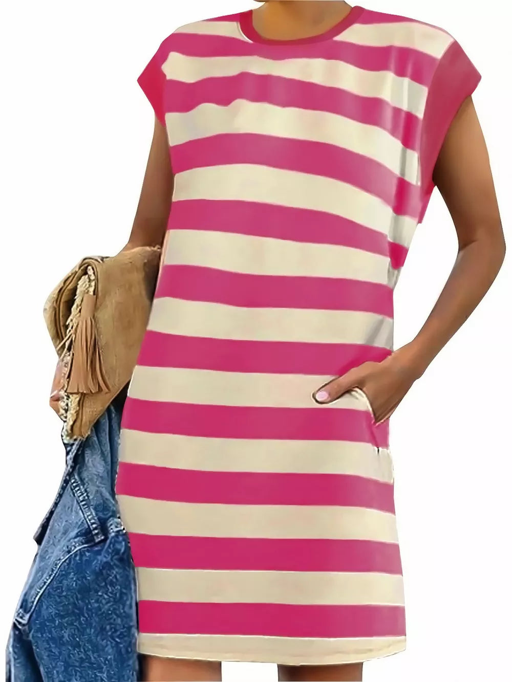 Striped mini dress with cap sleeves and pockets in pink and cream.