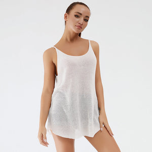 White ribbed knit cami with scoop neckline and spaghetti straps.